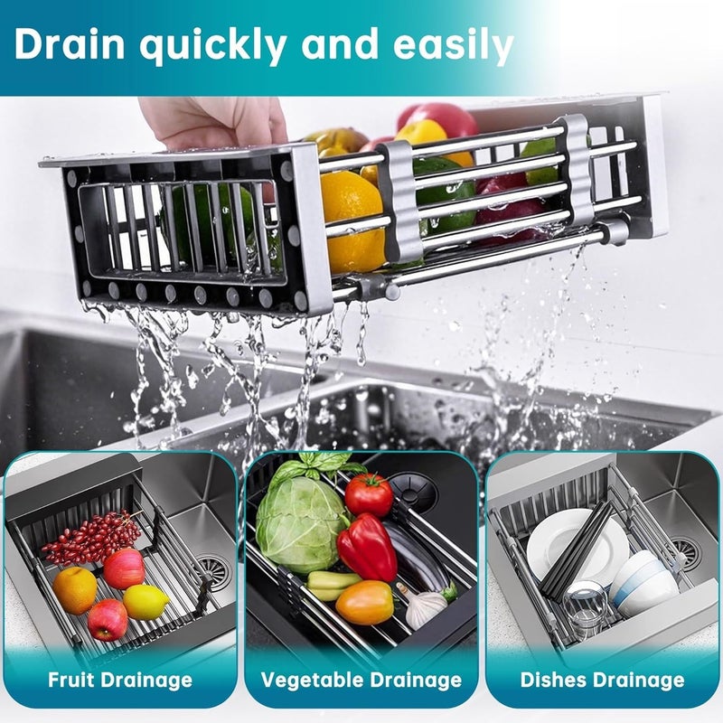TUTEW Dish Drying Rack, Over The Sink Dish Drying Rack, Stainless Steel Dish Drainer with Adjustable Arms Holder Functional Kitchen Sink Organizer for Vegetable and Fruit - Image 2
